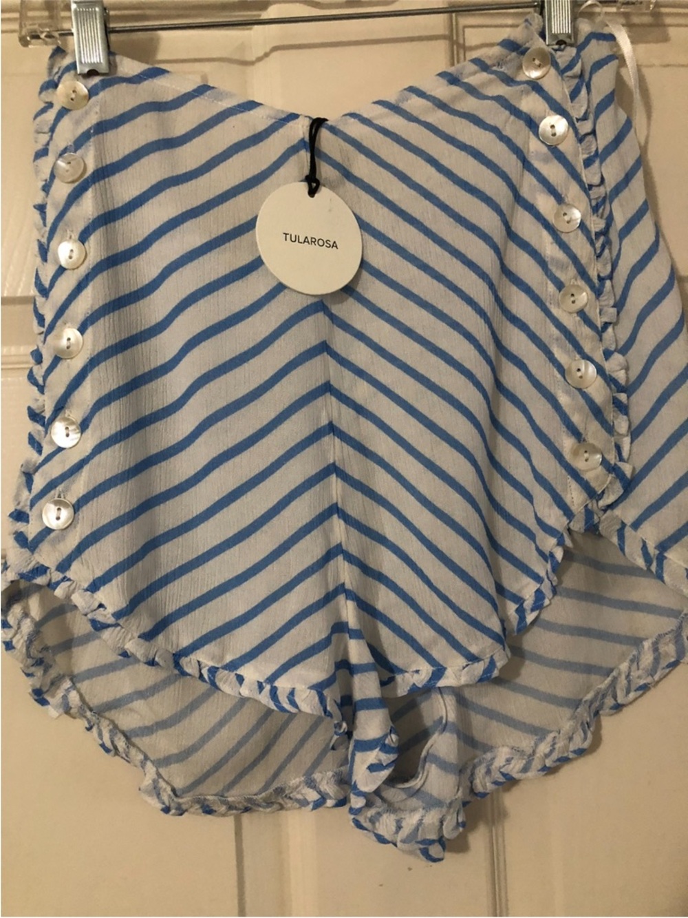 Tularosa Striped “Rae” High Rise Button-Trim Ruffle Edge Shorts - Picture 3 of 11